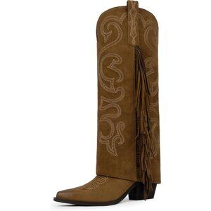 Women's Brown 1 Knee High Fold Over Fringe Western Embroidery Pointy Toe Chunky
